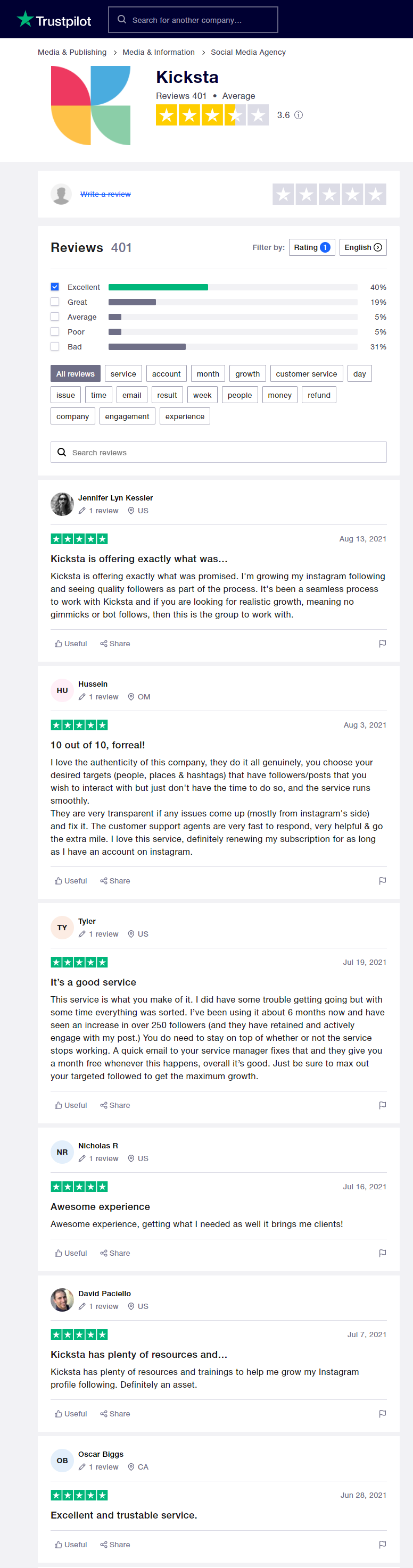 Kicksta reviews from Trustpilot